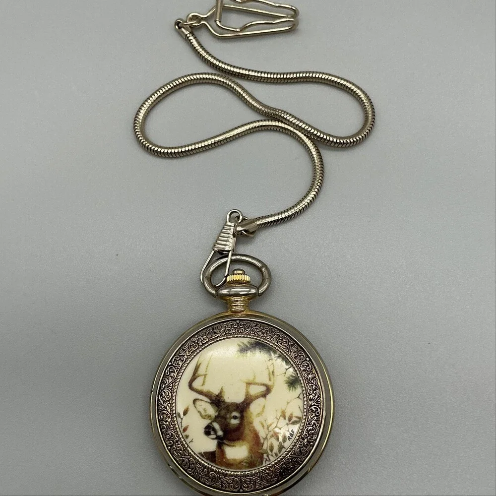 Franklin Mint American Wildlife Mens Pocket Watch 51mm Deer Chain New Battery